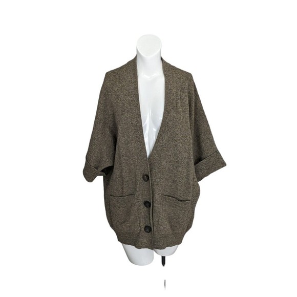 Chloe Sweaters - Chloe Cardigan 100% Wool Heathered Brown Boxy Oversized Pockets Lagenlook Sz L